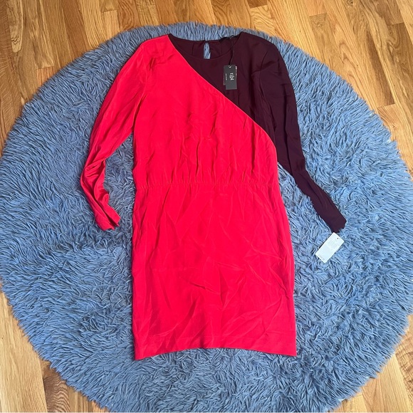 Tibi Colorblock Silk Dress in Red and Burgundy Long Sleeve 100% Silk Size 6 NWT - Picture 1 of 6